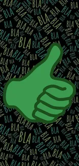Green thumbs up with text pattern background.