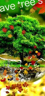 Green tree inside a glass globe with autumn leaves surrounding it.