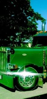 Vibrant green semi-truck parked under clear sky.