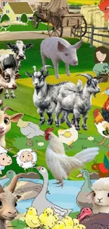 Illustrated farm animals in a vibrant countryside setting, perfect for mobile wallpaper.