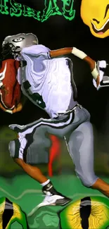 Abstraction of a football player in green tones with dynamic art elements.