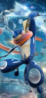 Greninja in dynamic action pose on a vibrant cosmic blue background.