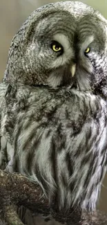 Majestic grey owl perched on a tree branch with detailed feathers.