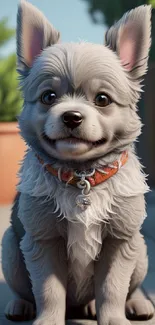 Cute grey puppy with orange collar sitting in sunlight.