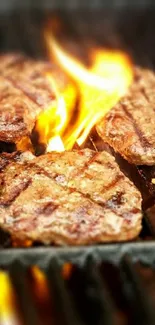 Juicy burgers sizzling on a fiery grill.