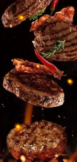 Stack of grilled burger patties with bacon and herbs in a fiery background.