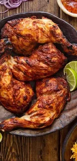 Grilled chicken with lime slices and rice, perfect for food lovers.