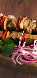 Grilled meat skewers with vegetables on a wooden platter.