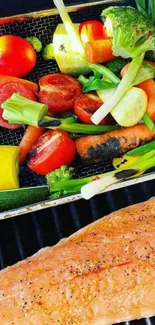 Grilled salmon and colorful vegetables on a BBQ grill.