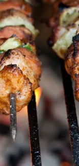 Grilled meat skewers over open flame, perfect for barbecue enthusiasts.