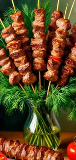 Grilled meat skewers arranged like a bouquet with fresh greens.