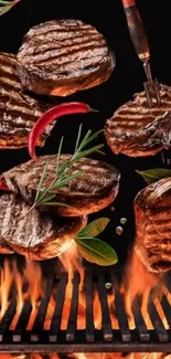 Sizzling grilled steaks with flames and spices.