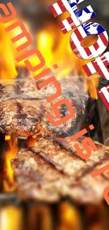 Sizzling grill with burgers and fiery flames, camping fun text overlay.