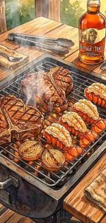 Illustrated grilling of steak and lobster tails in an outdoor setting.