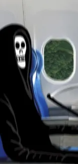 Hooded skull figure on an airplane seat with window view.