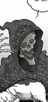 Cartoon Grim Reaper holding a cat, in black and white theme.