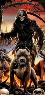 Grim Reaper with fierce dogs in a dark, fiery scene.