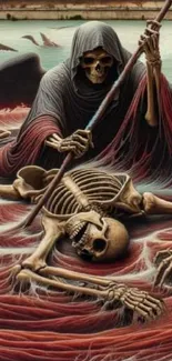 Grim Reaper with skeleton on dark red background.