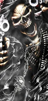 Grim reaper with guns and chains on dark wallpaper.