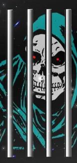 Hooded Grim Reaper behind bars on a dark background, accented with teal hues.