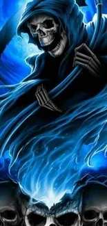 Grim Reaper with blue aura mobile wallpaper showcasing gothic art.