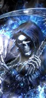 Skeletal Grim Reaper with scythe in blue flames, gothic phone wallpaper.