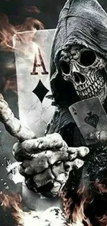 Grim Reaper holding ace cards with flames in dark background.