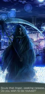 Grim Reaper over a luminescent city at night with a glowing moon.