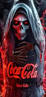 Grim Reaper in a Coca-Cola bottle with red eyes and fiery background.