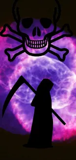 Grim Reaper with cosmic background and skull symbol, in vivid purple tones.