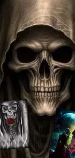 Grim Reaper in cloak with skull face art.