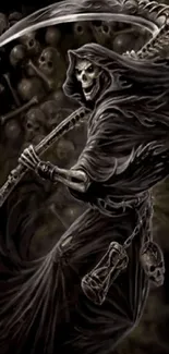 Grim Reaper holds a scythe amidst skulls and darkness.