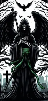 Grim Reaper art with black wings and graveyard background.