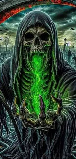 Grim Reaper with green glow in a dark cemetery.