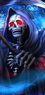 Dark fantasy Grim Reaper with blue hues and eerie skeletal vibe for mobile wallpaper.