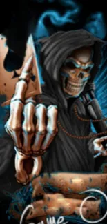 Grim Reaper holding scythe with blue accents in mobile wallpaper.