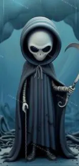 Cartoon Grim Reaper in dark, stormy backdrop.