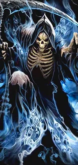 Grim Reaper in blue flame art design on mobile wallpaper.