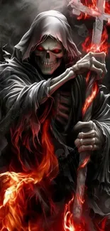 Grim Reaper with fiery elements and dark backdrop.