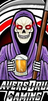 Grim Reaper gaming wallpaper with purple cloak and vibrant details.