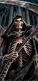 Grim Reaper holding a scythe in a gothic setting.