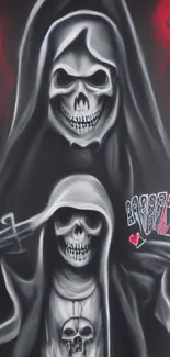 Gothic wallpaper featuring a grim reaper with skulls and dark design elements.