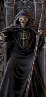 Gothic Grim Reaper sits on skull-adorned throne.