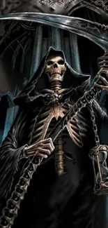 Gothic Grim Reaper with a scythe and hourglass on a dark background.