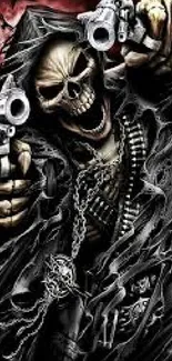 Gothic grim reaper with guns in dark black and red themed wallpaper.