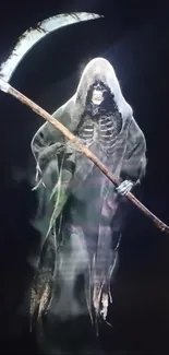 Grim Reaper holding a scythe on a dark background.