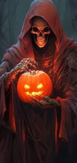 Grim Reaper holding a Jack-o'-lantern in a dark forest scene.