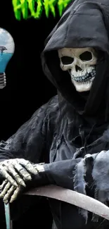 Horror-themed wallpaper with a grim reaper against a black background.