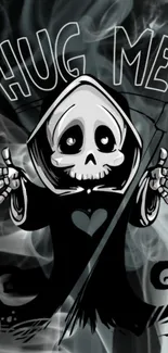 Cartoon Grim Reaper with 'Hug Me' text