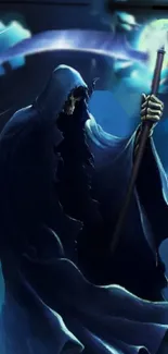 Dark blue Grim Reaper holding a scythe.